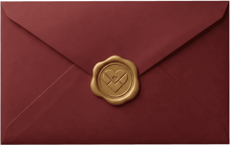 Burgundy envelope with gold wax seal